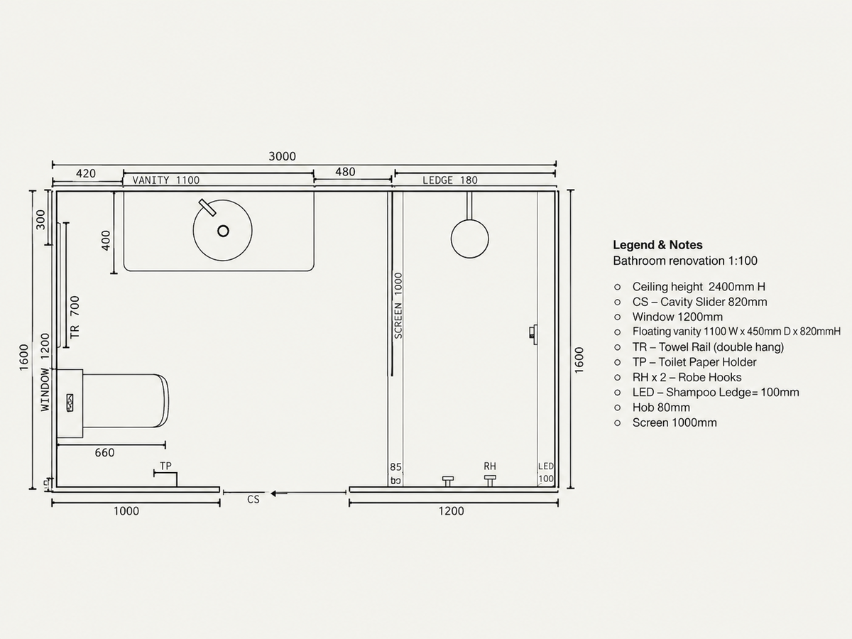 A student's dimensioned bathroom floor plan at 1:100, with legend and notes